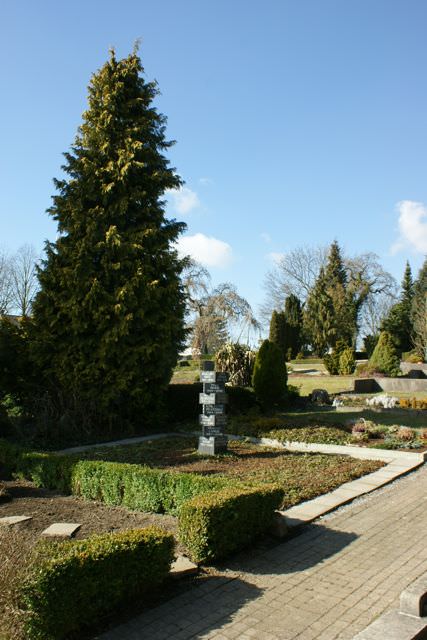 Gemeinschaftsgrab mit Namenssäule, dahinter eine hohe Thuja